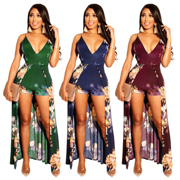 Summer deep v neck printing naked Bohemia beach jumpsuits