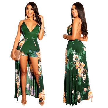 Summer deep v neck printing naked Bohemia beach jumpsuits
