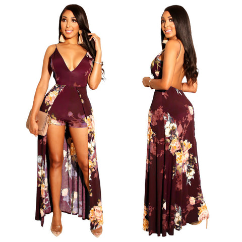 Summer deep v neck printing naked Bohemia beach jumpsuits