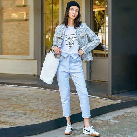 Blazer  Street Style Blue Plaid  Celebrities Pearl Pockets Blazer