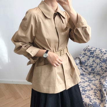 Sleeve Cotton Turn-down Collar Loose Coat Collect Waist Trench