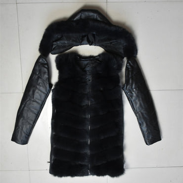 Fox Fur Vest Side Zipper Long Fox Fur Sheepskin Hat Coat  Sleeves