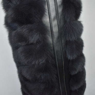 Fox Fur Vest Side Zipper Long Fox Fur Sheepskin Hat Coat  Sleeves