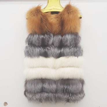 Pelt Real Fur Coat Patchwork Red Silver Fox Vest Striped  Coats Vests