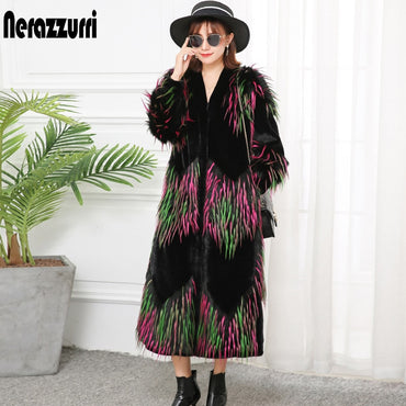 Nerazzurri Fake Fur Jacket Women High Quality V Neck Plus Size