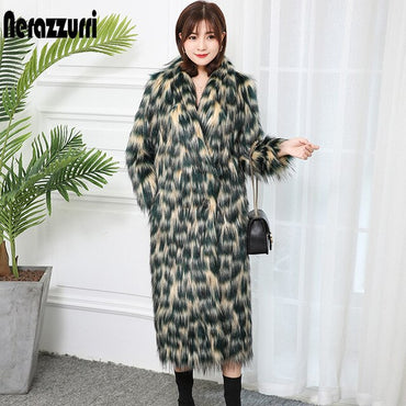Nerazzurri Fulffy Faux Fur Coat Women  Fake Fox Fur Trench Coat