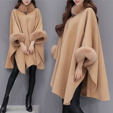 Fox fur collar Long Wool Coat High Quality Winter Cloak Shawl