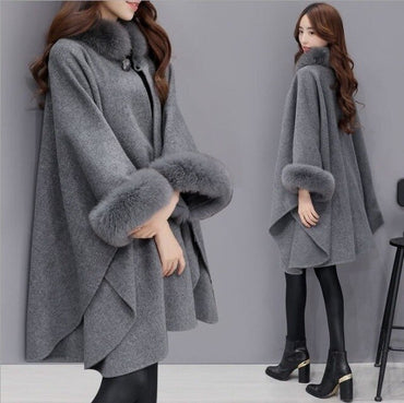 Fox fur collar Long Wool Coat High Quality Winter Cloak Shawl