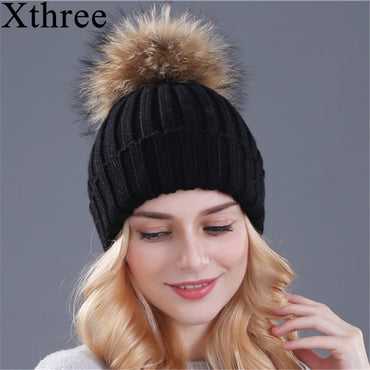 Xthree mink and fox fur ball 's hat knitted  beanies cap brand