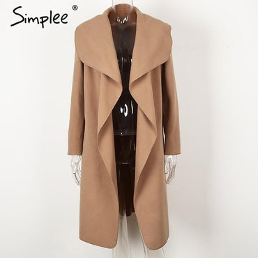 Women turndown long coat collar overcoat female Casual