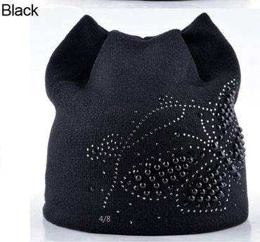Winter Cat Beanie Hat Ladies Knit Hats Knitted Cap With Ear Flaps