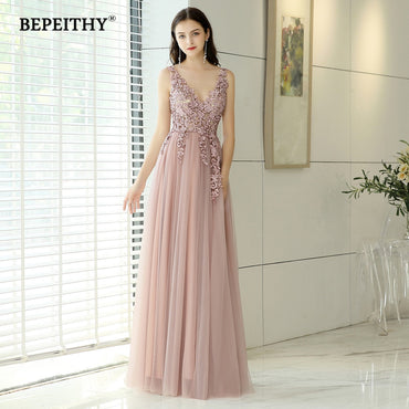 V neck Pink Long Evening Dress Party Elegant Vestido De Festa Gown