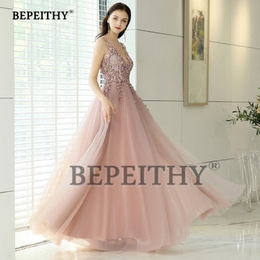 V neck Pink Long Evening Dress Party Elegant Vestido De Festa Gown