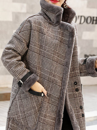 Wool Blend Women Patchwork Covered  Warm Woolen Overcoat