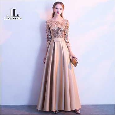 LOVONEY Golden Evening Dress simple Elegant Robe De Soiree M254