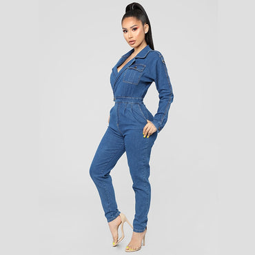Denim Jumpsuit Ladies Long Sleeve Jeans Rompers Female Casual