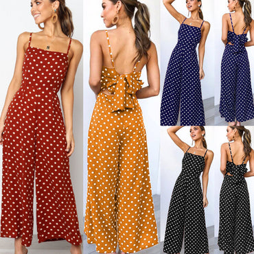 Women Sleeveless Polka Dots Loose Trousers Wide Pants Leotard