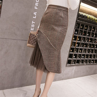 Retro plaid Folds  Irregular  Forking Women's  Midi Tube Skirts