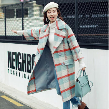 Autumn and winter loose lapel plaid long-sleeved coat free shipping