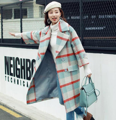 Autumn and winter loose lapel plaid long-sleeved coat free shipping