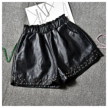 Women PU Leather short elastic waist casual wide leg shorts feminino
