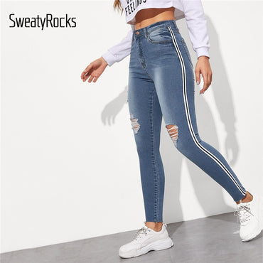 SweatyRocks Stripe Side Ripped Women Streetwear Casual Jeans