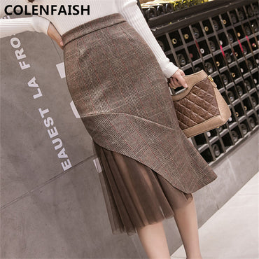 Retro plaid Folds  Irregular  Forking Women's  Midi Tube Skirts
