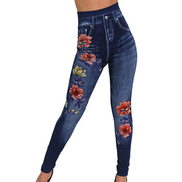Floral Print Pencil Faux Denim Jeans Leggings Casual Pencil Pants