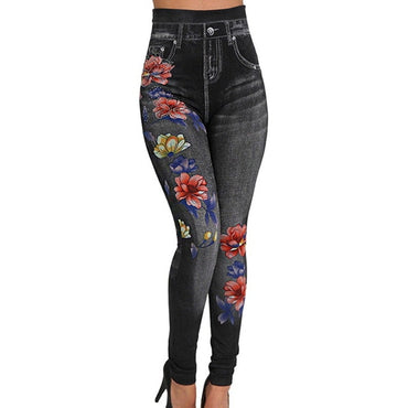 Floral Print Pencil Faux Denim Jeans Leggings Casual Pencil Pants