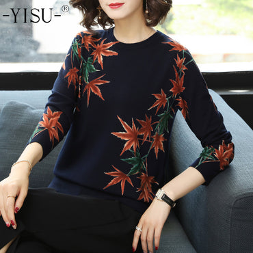 YISU Maple PrintedLong sleeve pullover elegant streetwear O neck
