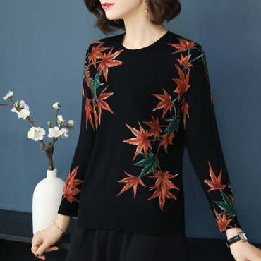 YISU Maple PrintedLong sleeve pullover elegant streetwear O neck