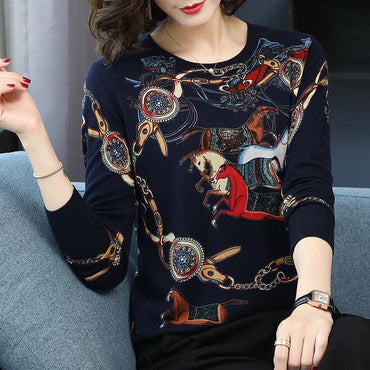 Knitted Sweater horse print Pullover Women O-Neck Sweater
