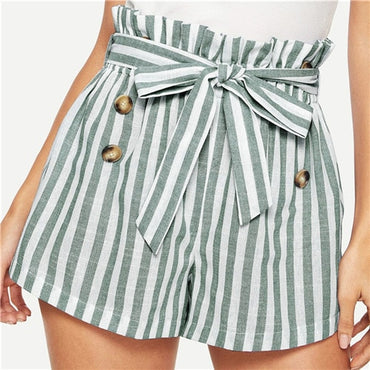 Buttoned Belt Knot Striped Shorts Women Summer Highstreet
