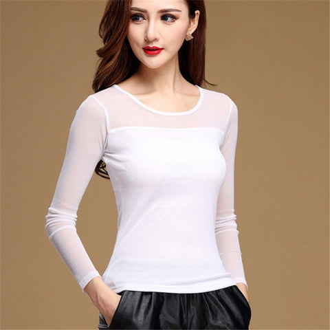 Casual Long Sleeve Lace Blusas Under Shirts Elastic Tops and Blouses