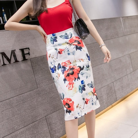 Pencil Skirt Women High Waist Office ladies  Elegant Floral Print