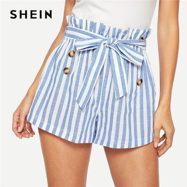 Buttoned Belt Knot Striped Shorts Women Summer Highstreet