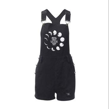 Casual Playsuits Gothic Shorts Moon Printed Black Female Jumpsuits