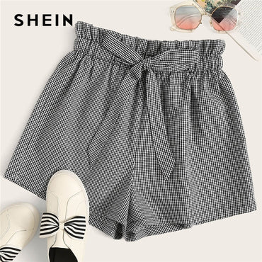 SHEIN Gingham Belted  Ruffle High Waist Wide Leg Plaid Shorts