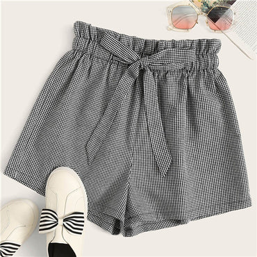 SHEIN Gingham Belted  Ruffle High Waist Wide Leg Plaid Shorts