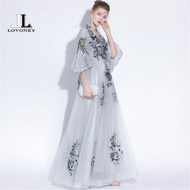 LOVONEY Vintage V Neck Evening Dress with light Embroidery Lace