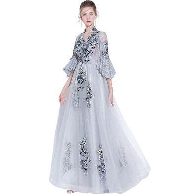 LOVONEY Vintage V Neck Evening Dress with light Embroidery Lace