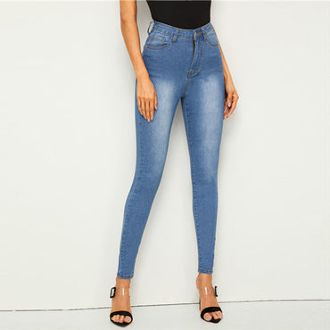 Stretchy High Waist Jeans Button & Zipper Fly Blue Ladies Jeans